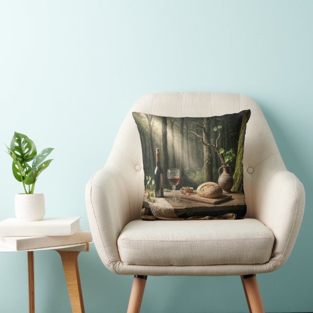 Wine and Bread Loaf On a Forest Table Throw Pillow (Chair)