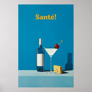 Wine and Cheese Art Print Martini Cocktail, Blue