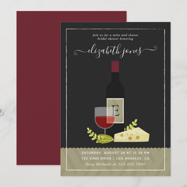 Wine and Cheese Bridal Shower Monogram Invitation (Front/Back)