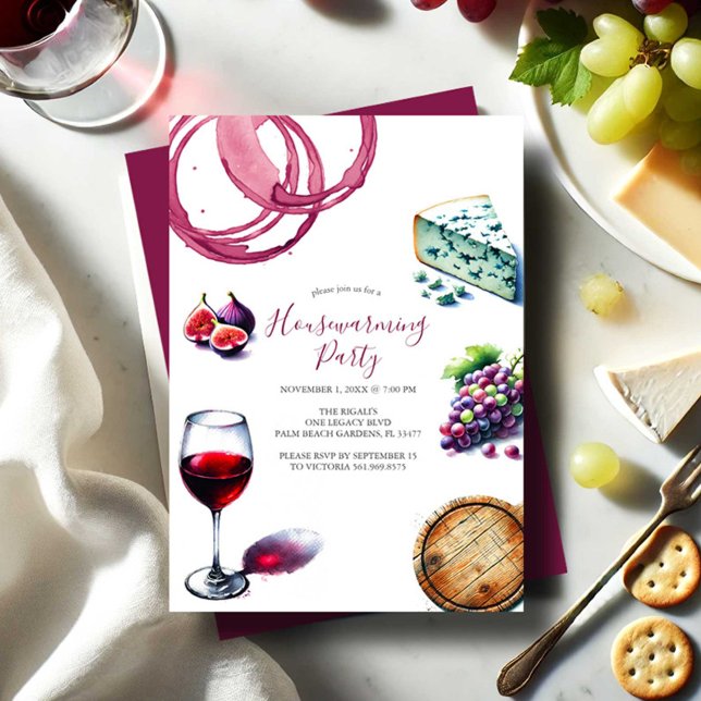 Wine and Cheese Housewarming Party Invitations (Housewarming party invitations watercolor wine and cheese charcuterie Victoria Grigaliunas)