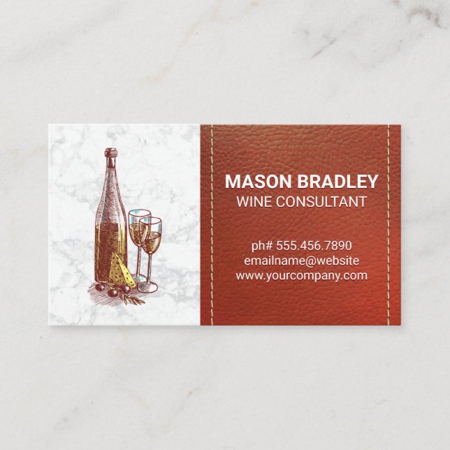 Wine and Cheese | Marble with Stitched Leather Business Card (Front)