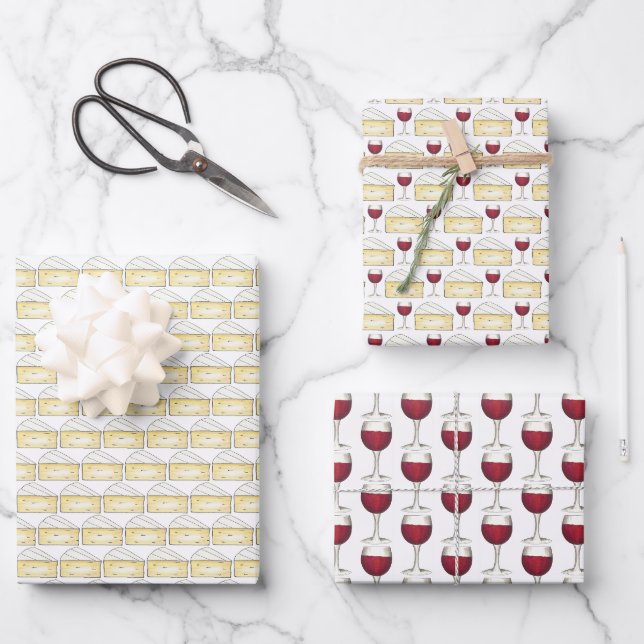 Wine and Cheese Red Wine Glass Brie Cheese Wedge Wrapping Paper Sheet (Front)