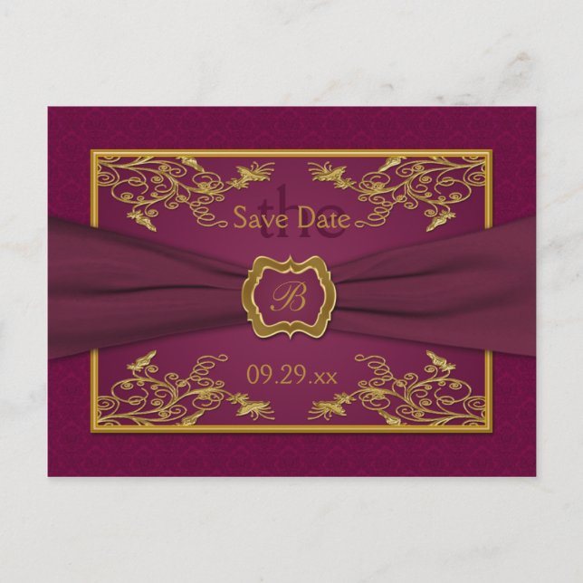 Wine and Gold Floral Damask Save the Date Card (Front)