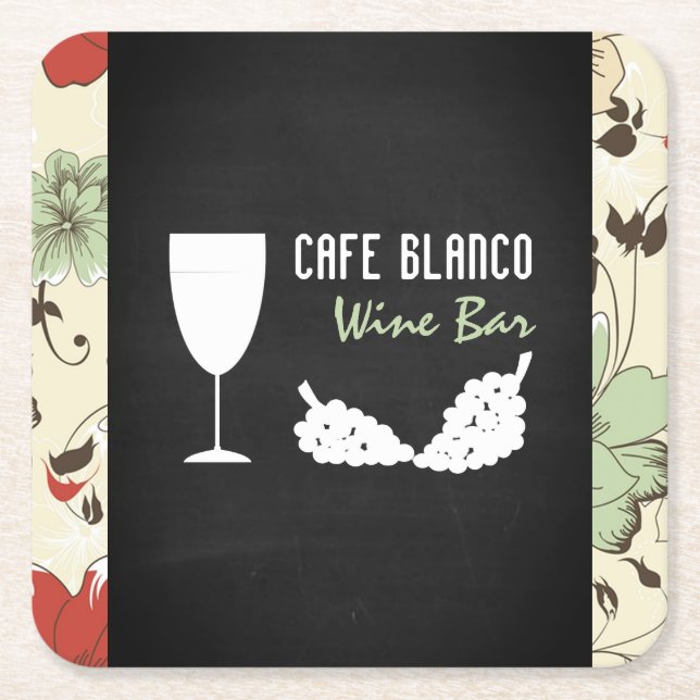 Wine And Grapes, Floral Chalkboard Wine Bar/Winery Square Paper Coaster (Front)