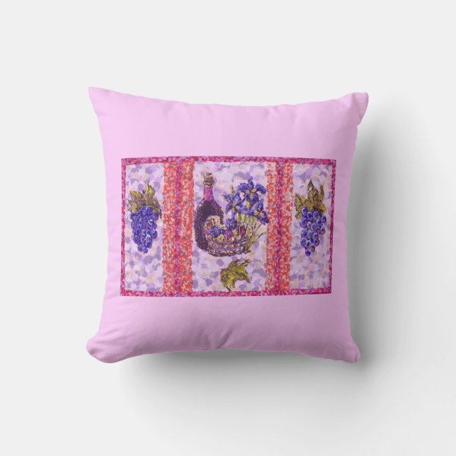 Wine And Grapes With Paris Inspired Cityscape And  Throw Pillow (Front)