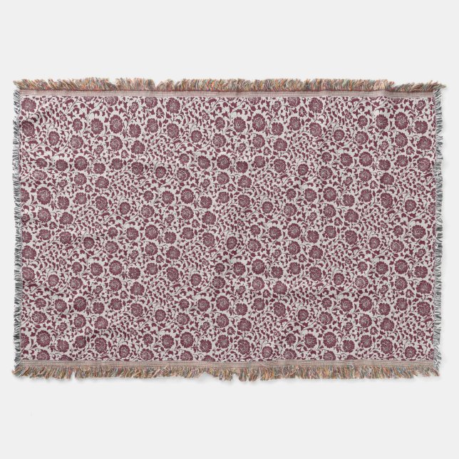 Wine and Ivory Chrysanthemum Throw Blanket (Front)