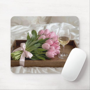 Wine and Pink Tulips On Satin Sheets Mouse Pad