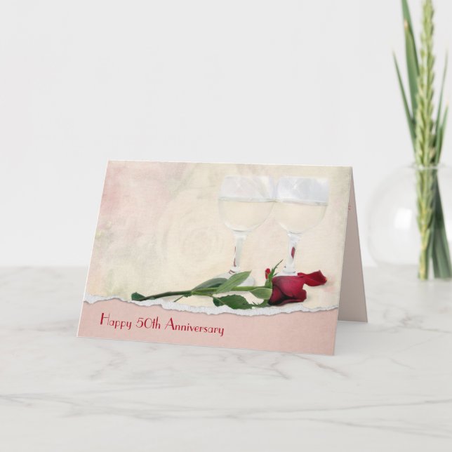 Wine and Red Rose 50th Anniversary Card (Front)