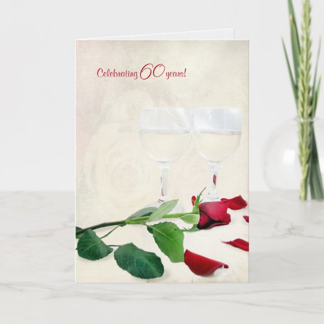 wine and red rose for 60th anniversary card (Front)