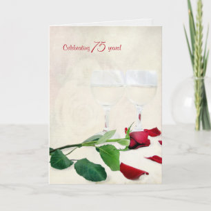 wine and red rose for 75th anniversary card