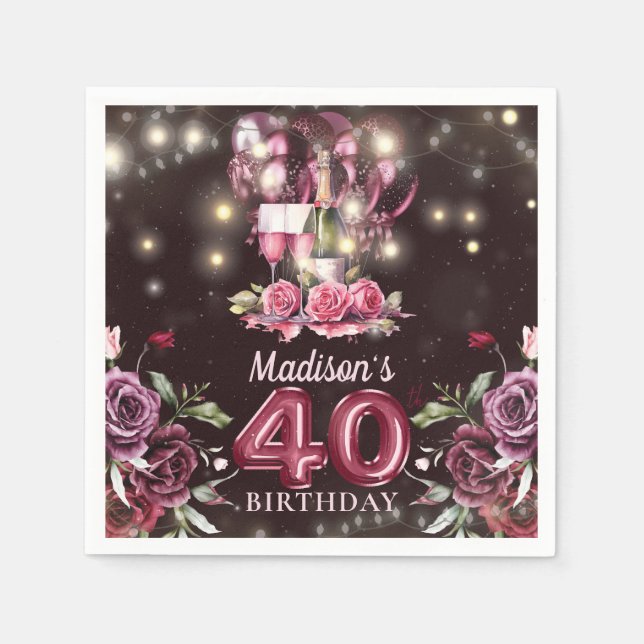Wine & Balloons 40th Birthday Personalized Napkin (Front)