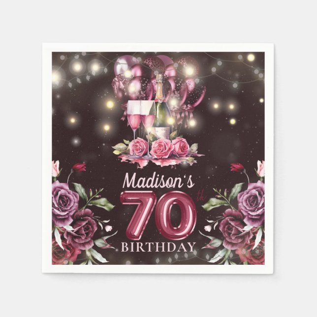 Wine & Balloons 70th Birthday Personalized Napkin (Front)