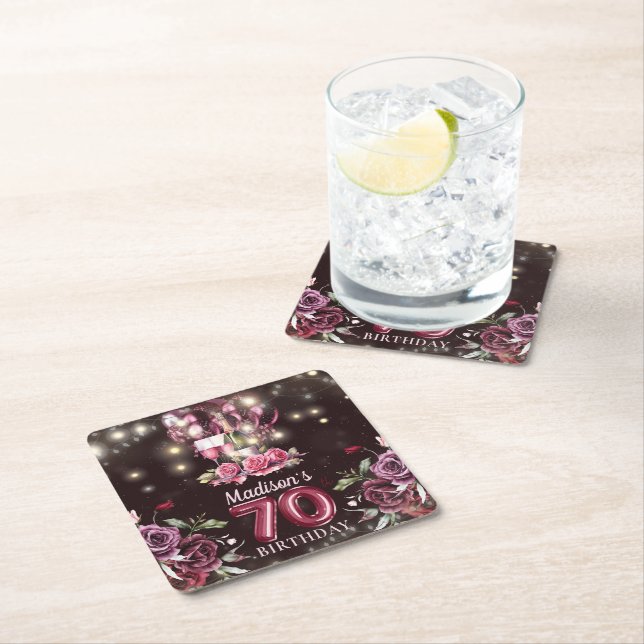 Wine & Balloons 70th Birthday Personalized Square Paper Coaster (Insitu)