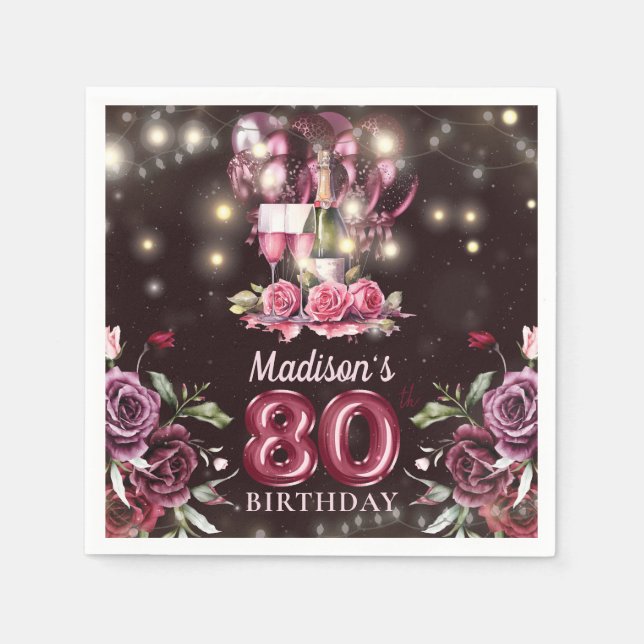Wine & Balloons 80th Birthday Personalized Napkin (Front)