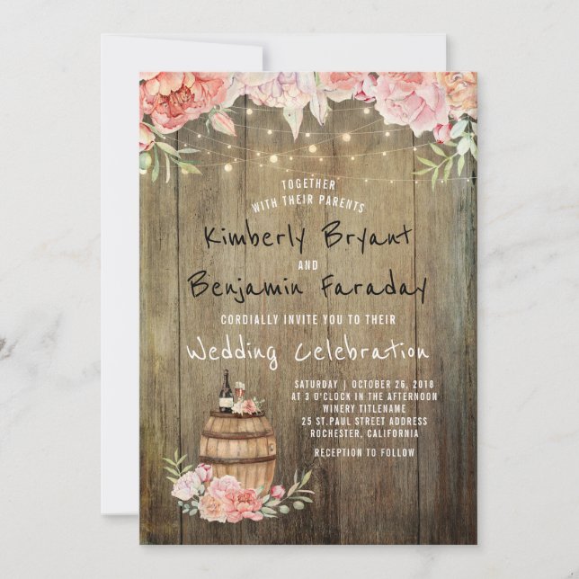 Wine Barrel Boho Rustic Barn String Lights Wedding Invitation (Front)