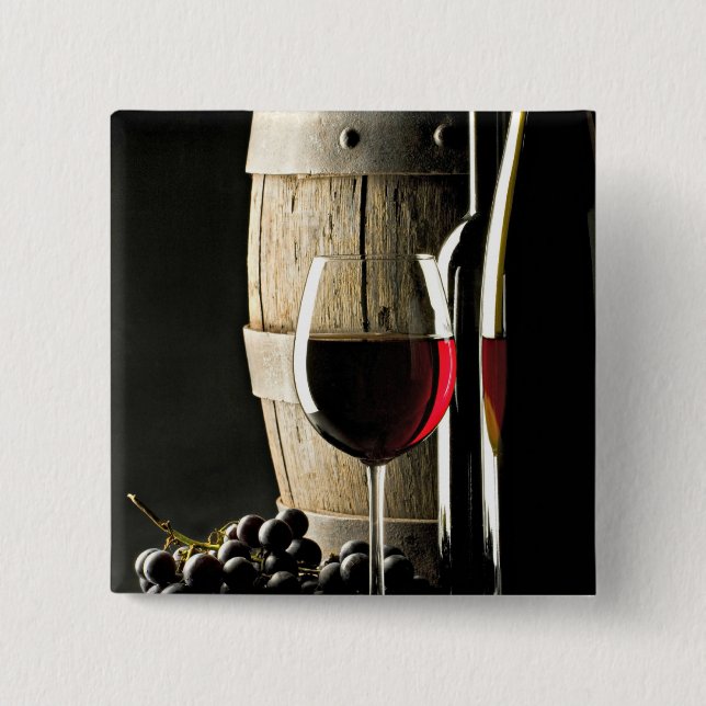 Wine Barrel, Grapes, and Glass 2 Inch Square Button (Front)
