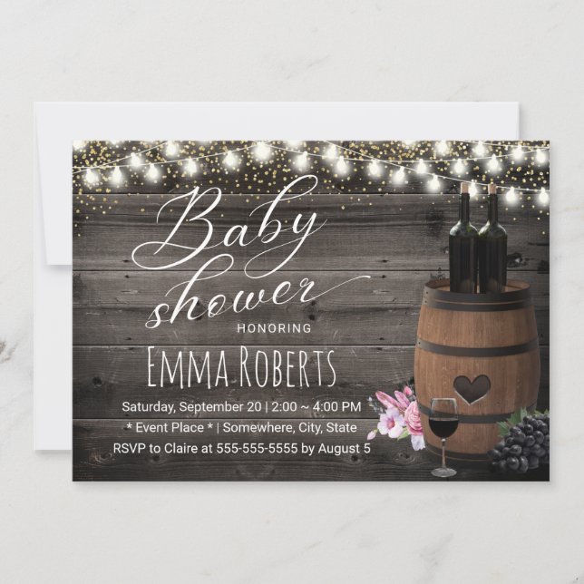 Wine Barrel Rustic String Light Barn Baby Shower Invitation (Front)