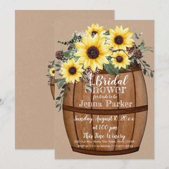 Wine Barrel Sunflower Bouquet Bridal Shower Invitation (Front/Back)
