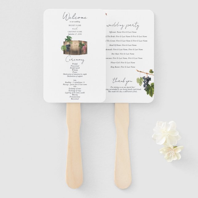 Wine Barrel Winery Vineyard Wedding Program Hand Fan (Front and Back)