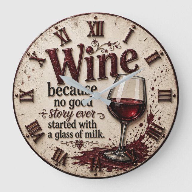 Wine Because No Good Story Ever Started with Milk Large Clock (Front)