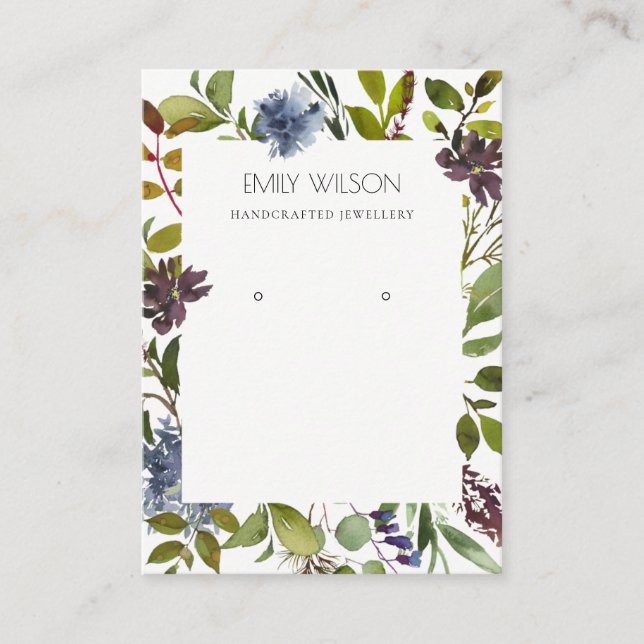 WINE BLUE GREEN PEONY FAUNA WREATH EARRING DISPLAY BUSINESS CARD (Front)