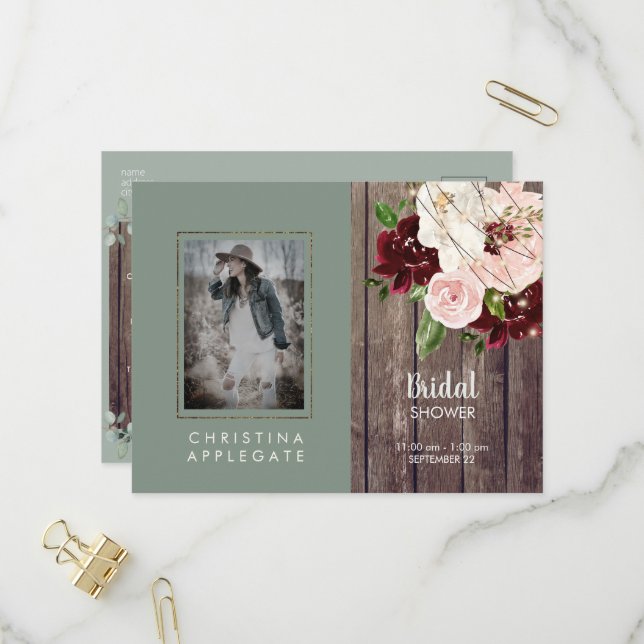  Wine & Blush Floral Sage Photo Bridal Shower Invitation Postcard (Front/Back In Situ)