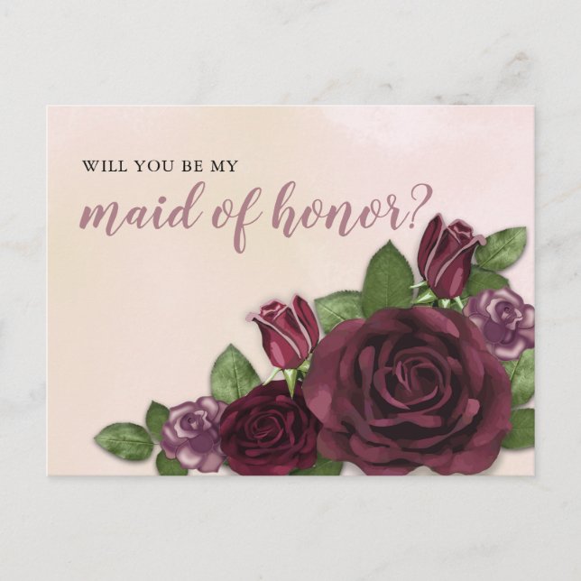Wine Blush Mauve Floral Maid of Honour Request Invitation Postcard (Front)
