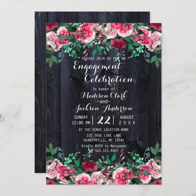 Wine Blush & Navy Wood Engagement Party Invitation (Front/Back)