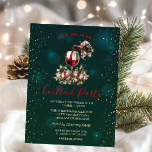 Wine Bootle Glass Stars Green Christmas Party  Invitation