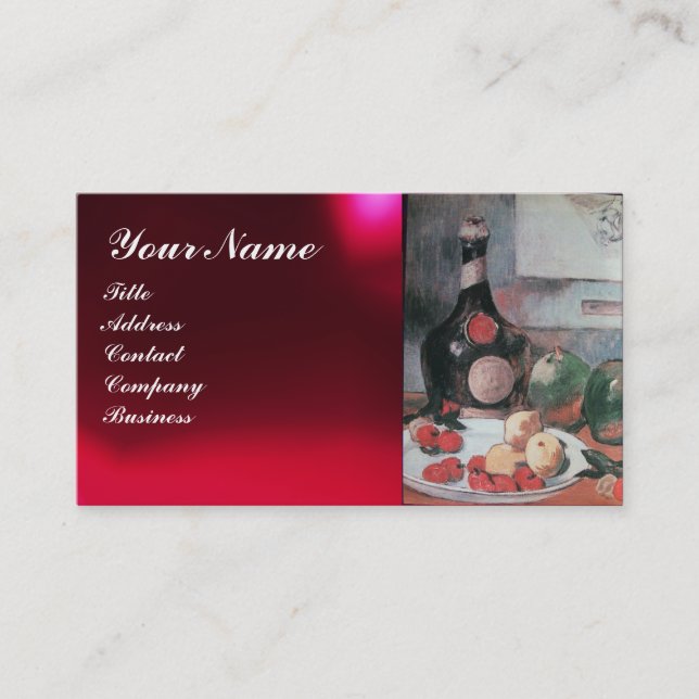 WINE BOTTLE AND FRUITS ,RED WAX SEAL MONOGRAM BUSINESS CARD (Front)