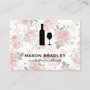 Wine Bottle and Glass Elegant Floral Pattern Business Card
