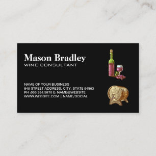 Wine Bottle and Glass   Wooden Barrel Business Card