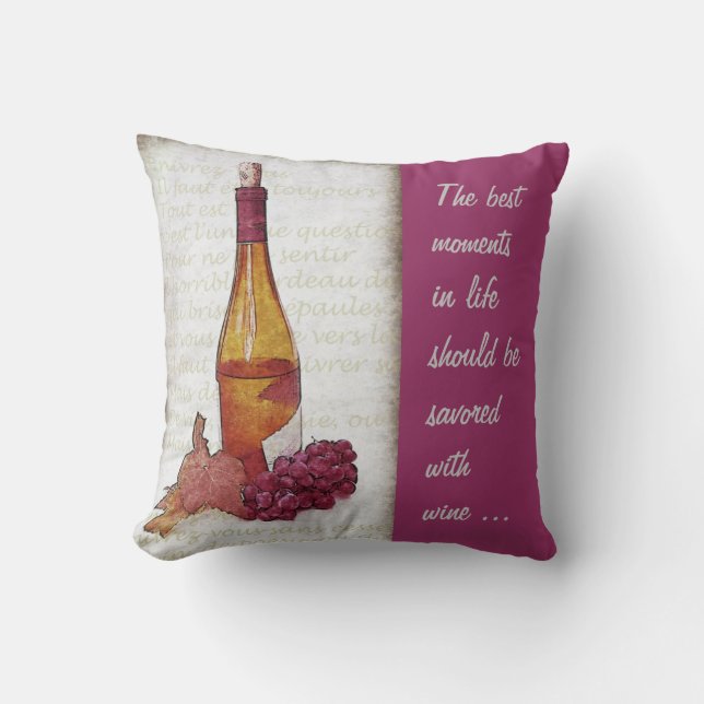 wine bottle and grape with wine quote throw pillow (Front)