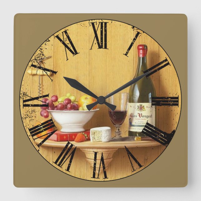 Wine Bottle and Wine Glass Roman Numeral Square Wall Clock (Front)