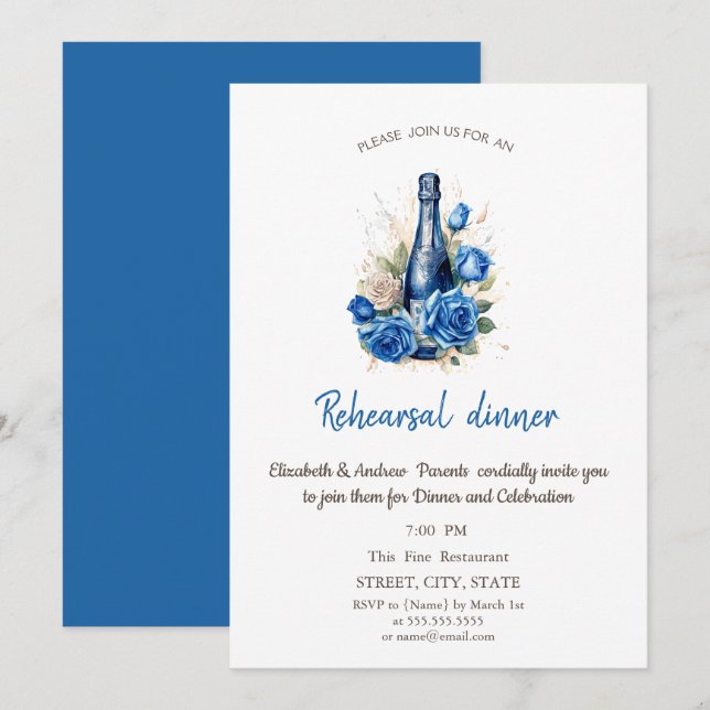 Wine Bottle Blue Roses Rehearsal Dinner Invitation (Front/Back)