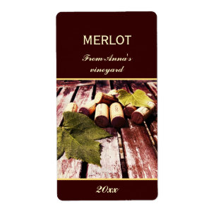Wine bottle corks and grape leaf bottle label