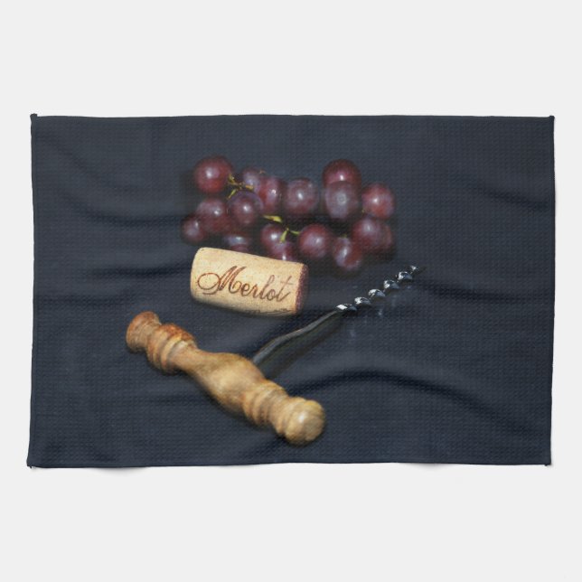 Wine bottle corks, corkscrew and grapes kitchen towel (Horizontal)