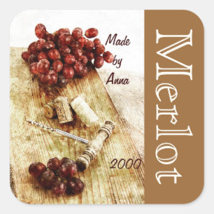 Wine bottle corks, corkscrew and grapes square sticker