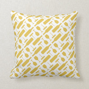 Wine Bottle Glass and Corkscrew Pattern Yellow Throw Pillow