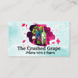 Wine Bottle Glass and Grapes   Watercolor Art Business Card