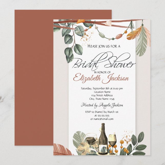 Wine Bottle Glass,Boho Bridal Shower   Invitation (Front/Back)