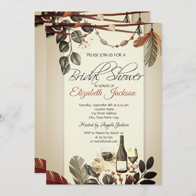 Wine Bottle Glass,Boho Flowers Bridal Shower Invitation (Front/Back)