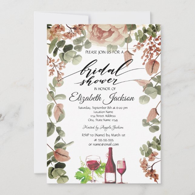 Wine Bottle Glass Chic Flowers Bridal Shower    Invitation (Front)