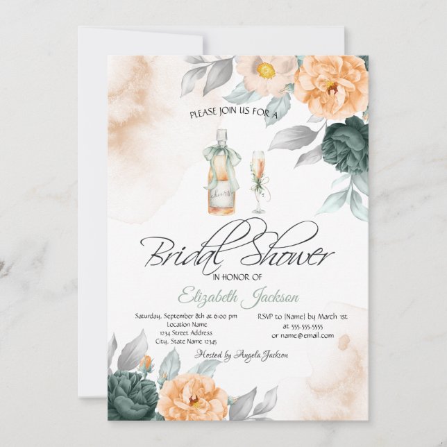 Wine Bottle Glass Chic Green Roses Dots  Invitation (Front)