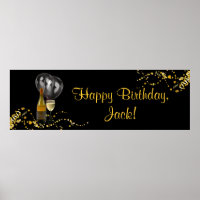 Wine Bottle Glass Gold Black Birthday Party Banner