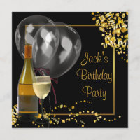 Wine Bottle Glass Gold Black Mans Birthday Party