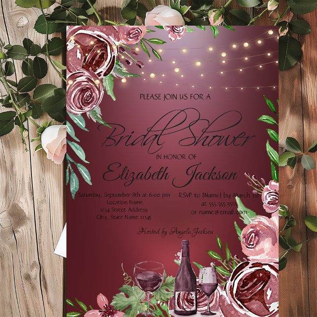 Wine Bottle Glass Roses Burgundy Bridal Shower   Invitation (Creator Uploaded)