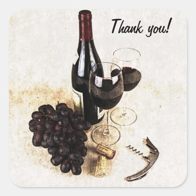 Wine bottle, grapes and corks square sticker (Front)