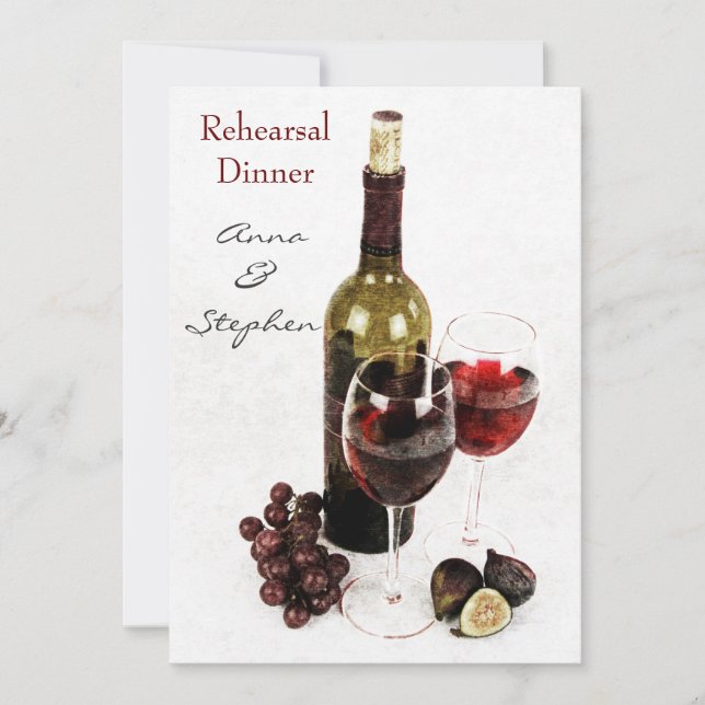 Wine bottle, grapes, and wine glasses invitation (Front)