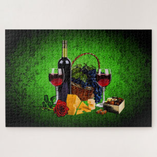 Wine bottle/grapes/basket, cheese, chocolate,Green Jigsaw Puzzle